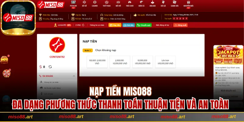 Hướng Dẫn Cách Nạp Tiền Miso88 An Toàn Và Thành Công Ngay 1 Nạp tiền Miso88 đa dạng phương thức thanh toán thuận tiện và an toàn
