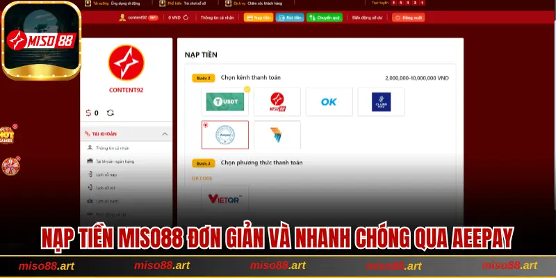 Hướng Dẫn Cách Nạp Tiền Miso88 An Toàn Và Thành Công Ngay 2 Nạp tiền Miso88 đơn giản và nhanh chóng qua Aeepay